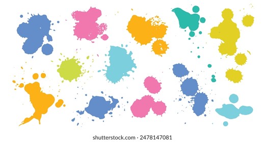 Set with 12 different hand made paint splashes, droplets and splatters. Isolated on white background vector illustrations