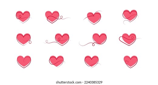 Set of 12 different heart designs in continuous line drawing style.