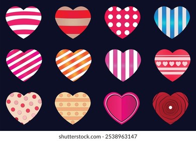 Set of 12 different hearts, Set of Hearts in different colors and types, vector illustrations, cute hearts for Valentine's day, collection of hearts, Doodle vector romantic set, card, wedding, love.