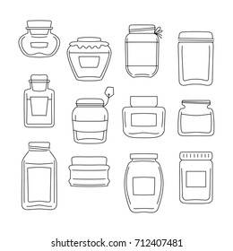 Set of 12 different jars. Made in line style. vector illustrations collection