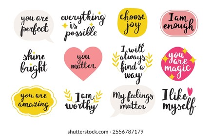 Set with 12 different self worth phrases. Encouraging affirmations. Hand written isolated vector illustrations