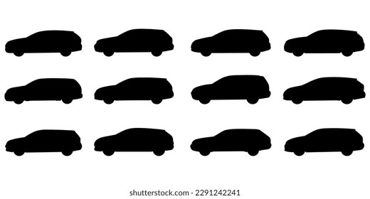 Set with 12 different silhouette types of station wagon cars in vector, side view. Doodle collection.