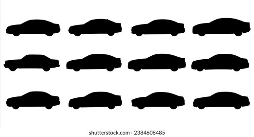 Set with 12 different silhouette types of lux sedan cars in vector, side view. Doodle collection.	