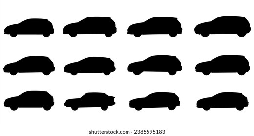 Set with 12 different silhouette types of hatchback cars in vector, side view. Doodle collection.