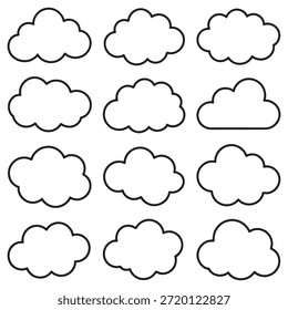 Set of 12 different simple outline cloud icons for weather design, isolated on white background.