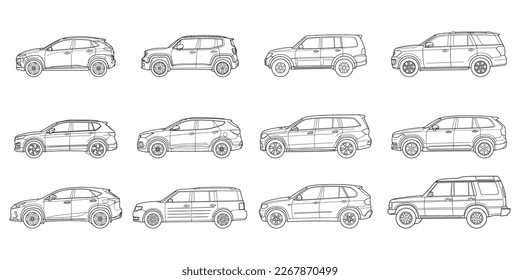 Set with 12 different types of suv cars in vector, side view. Doodle collection.