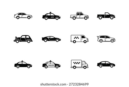 Ein Satz von 12 verschiedenen Fahrzeug-Icons, einschließlich Autos, Taxis, LKWs und Polizeiautos, in einfachen schwarz-weißen Linie Kunststil