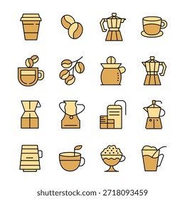 Um conjunto de 12 ilustrações digitais de vários itens relacionados ao café, incluindo cafeteiras, xícaras, grãos e cervejeiros, em um esquema coeso de cor dourada
