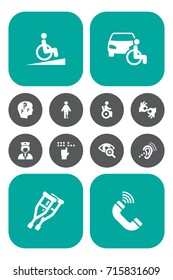 Set Of 12 Disabled Icons Set.Collection Of Gesture, Assistance, Artificial Limb And Other Elements.