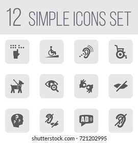 Set Of 12 Disabled Icons Set.Collection Of Gesture, Braille, Brain With Question And Other Elements.