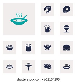 Set Of 12 Dish Icons Set.Collection Of Frankfurter, Ale, Burger And Other Elements.