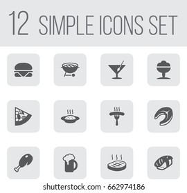 Set Of 12 Dish Icons Set.Collection Of Japanese Roll, Burger, Ale And Other Elements.