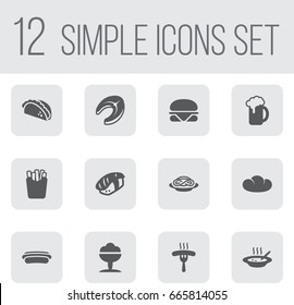 Set Of 12 Dish Icons Set.Collection Of Broth, Sorbet, Mexican Food And Other Elements.