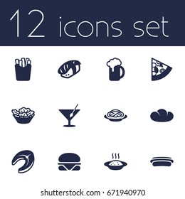 Set Of 12 Dish Icons Set.Collection Of Seafood, Japanese Roll, Sausage And Other Elements.