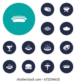 Set Of 12 Dish Icons Set.Collection Of Cereal, Sausage, Broth And Other Elements.