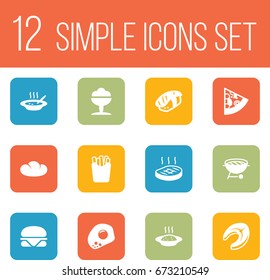 Set Of 12 Dish Icons Set.Collection Of Burger, Potato, Barbecue And Other Elements.