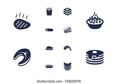 Set Of 12 Dish Icons Set.Collection Of Pork, Seafood, Crepe And Other Elements.