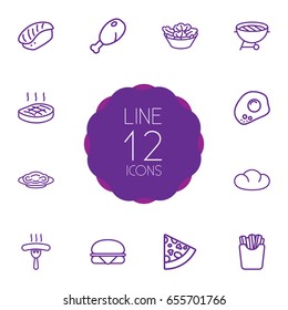 Set Of 12 Dish Outline Icons Set.Collection Of Sausage, Salad, Bbq And Other Elements.