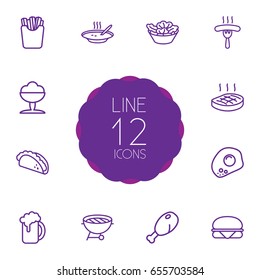 Set Of 12 Dish Outline Icons Set.Collection Of Omelette, Salad, Steak And Other Elements.