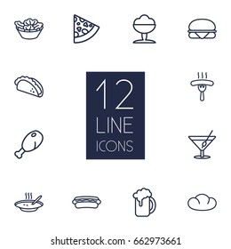 Set Of 12 Dish Outline Icons Set.Collection Of Mexican Food, Sausage, Bread And Other Elements.