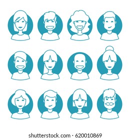 Set of 12 diverse blue avatars. Different Isolated faces. 