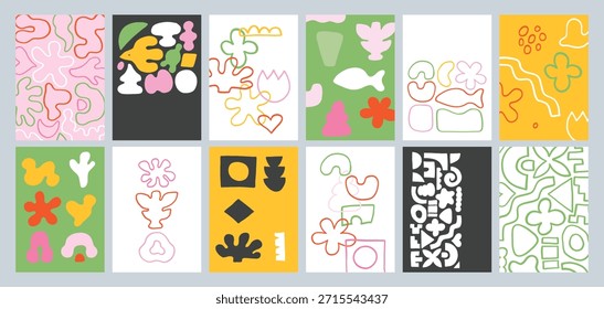 Conjunto de 12 carteles de arte de pared de recorte de doodle, folleto, Plantillas de volantes, collage contemporáneo. Patrón abstracto de línea orgánica, diseño dibujado a mano, Fondo de pantalla simple. Vector vintage gráfico de Formas dinámicas