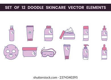 Conjunto de 12 elementos vectores de cuidado de la piel de doodle. Elementos vectoriales con temática de skincare y estilo dibujado a mano de doodle. Ilustración.