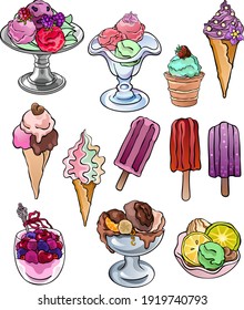 El conjunto consta de 12 dibujos de postres con helados variados y zumo de fruta congelado. Colección de ilustraciones alimentarias de material vectorial, aisladas en fondo blanco, para diseño e impresión personalizados.