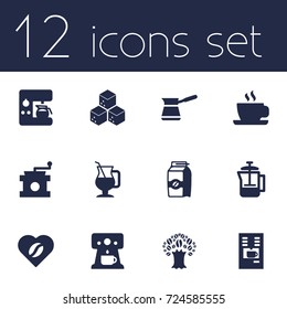 Set Of 12 Drink Icons Set.Collection Of Ibrik, Saucer, Coffeemaker And Other Elements.