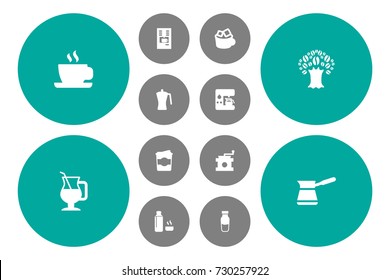 Set Of 12 Drink Icons Set.Collection Of Espresso Dispenser, Iced Mocha, Cappuccino And Other Elements.