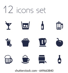Set Of 12 Drinks Icons Set.Collection Of Cocktail, Wine, Drink And Other Elements.
