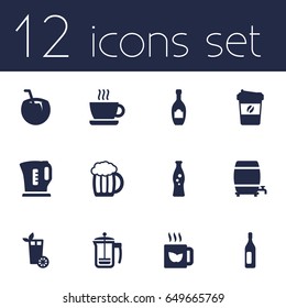 Set Of 12 Drinks Icons Set.Collection Of Lime, Electric Teapot, Wine And Other Elements.