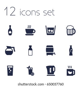 Set Of 12 Drinks Icons Set.Collection Of Bottle, Cask, Hotdrink And Other Elements.