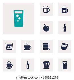 Set Of 12 Drinks Icons Set.Collection Of Cocktail, Hot, Wine And Other Elements.