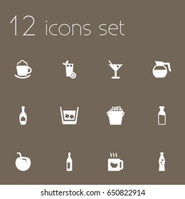 Set Of 12 Drinks Icons Set.Collection Of Alcohol, Bottle, Fizzy Water And Other Elements.