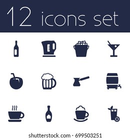 Set Of 12 Drinks Icons Set.Collection Of Alcohol, Cup, Wine And Other Elements.