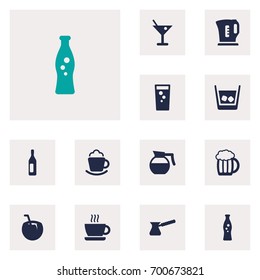 Set Of 12 Drinks Icons Set.Collection Of Cream, Martini, Fizzy Water And Other Elements.