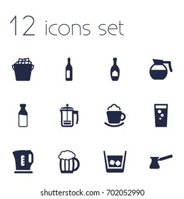 Set Of 12 Drinks Icons Set.Collection Of Milk Glass, Alcohol, Turkish Coffee And Other Elements.
