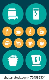 Set Of 12 Drinks Icons Set.Collection Of Cask, Cocktail, Fridge And Other Elements.