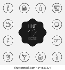Set Of 12 Drinks Outline Icons Set.Collection Of Green, Wine Cask, Soda And Other Elements.