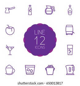 Set Of 12 Drinks Outline Icons Set.Collection Of Ice Bucket, Hotdrink, Ice And Other Elements.