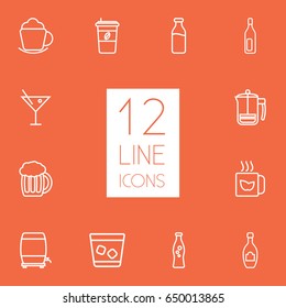 Set Of 12 Drinks Outline Icons Set.Collection Of Champagne, Glass, Bottle And Other Elements.