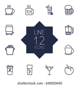 Set Of 12 Drinks Outline Icons Set.Collection Of Green, Cocos, French Press And Other Elements.