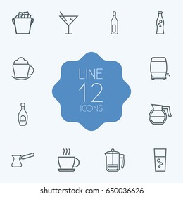 Set Of 12 Drinks Outline Icons Set.Collection Of Coffee, Hotdrink, Ice Bucket And Other Elements.