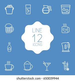 Set Of 12 Drinks Outline Icons Set.Collection Of Cocktail, Ice Bucket, Kettle And Other Elements.