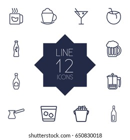 Set Of 12 Drinks Outline Icons Set.Collection Of Bottle, Green, Champagne And Other Elements.