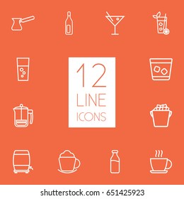 Set Of 12 Drinks Outline Icons Set.Collection Of Ice Bucket, Pot, French Press And Other Elements.