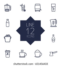 Set Of 12 Drinks Outline Icons Set.Collection Of Hot Drink, Pot, Kettle And Other Elements.