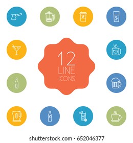 Set Of 12 Drinks Outline Icons Set.Collection Of Green, Beer, Soda And Other Elements.