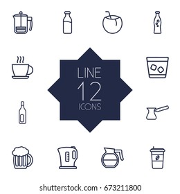 Set Of 12 Drinks Outline Icons Set.Collection Of Bottle, Kettle, French Press And Other Elements.